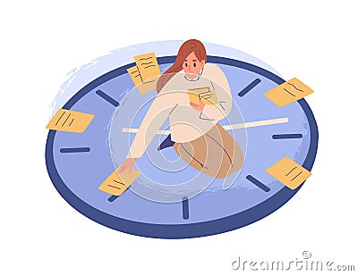 Person sitting on clocks, organizing time, planning tasks and scheduling. Concept of effective self-organization and Vector Illustration