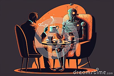 person, sitting in cozy chair with cup of tea, being served by android servant Stock Photo