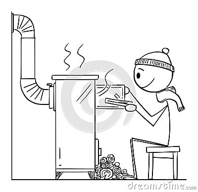 Person Sitting in Front of Small Wood Stove or Heater, Vector Cartoon Stick Figure Illustration Vector Illustration