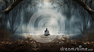 a person sitting in the middle of a dark forest Stock Photo