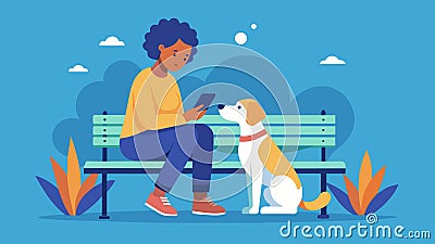 A person sitting on a park bench with their service dog deep in conversation with a the while the dog rests its head in Vector Illustration