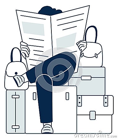 Person sitting on travel bag and reading newspaper. Waiting in airport Vector Illustration