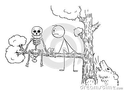 Person Sitting on Tree Watching Skeleton Beside , Vector Cartoon Stick Figure Illustration Vector Illustration