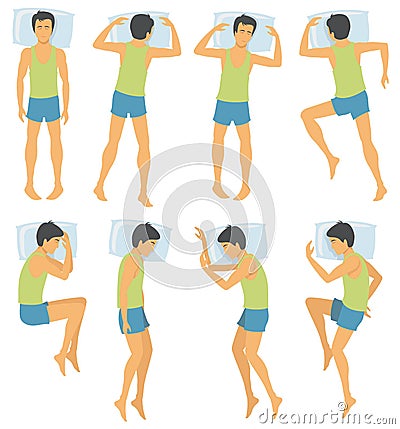 Person sleep positioning, man in different sleeping poses in bed. Vector illustration Vector Illustration