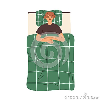 Person sleeping in bed with pillow and blanket. Man asleep alone, lying on back. Young smiling sleepy guy dreaming Cartoon Illustration
