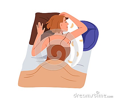 Person sleeping on stomach. Woman asleep in belly position with orthopedic pillow, lying under blanket. Girl dreaming Vector Illustration