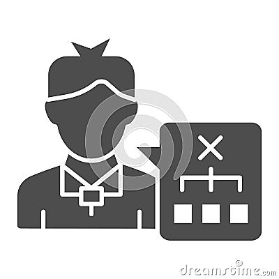 Person solution solid icon. Man with chart vector illustration isolated on white. Human decision glyph style design Vector Illustration