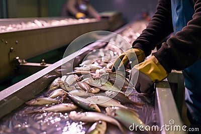 person sorting fish on a conveyor belt in hatchery Stock Photo