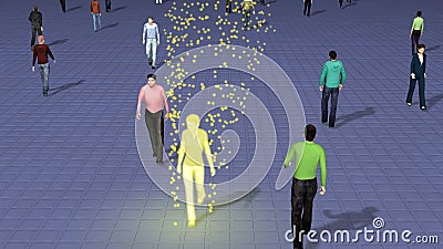 Virus spreading from person to crowd of people . View 4 . 3d rendering Cartoon Illustration
