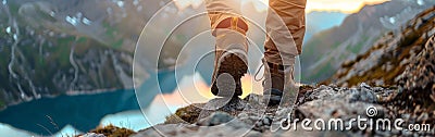 Person Standing Atop Mountain Peak Stock Photo