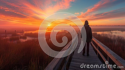 person standing on a boardwalk, admiring the sunrise over a misty marshland generative ai Stock Photo