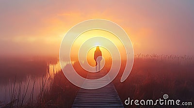 person standing on a boardwalk, admiring the sunrise over a misty marshland generative ai Stock Photo