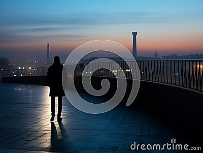 a person standing on a bridge at dusk Stock Photo