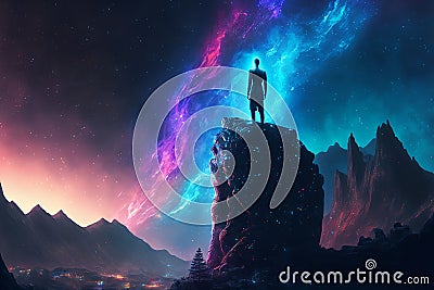 Person standing on a cliff edge staring into a far off galaxy, Abstract illustration, AI Generative Cartoon Illustration