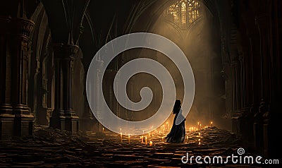 Photo of a person standing in a dark cathedral with a light at the end Stock Photo