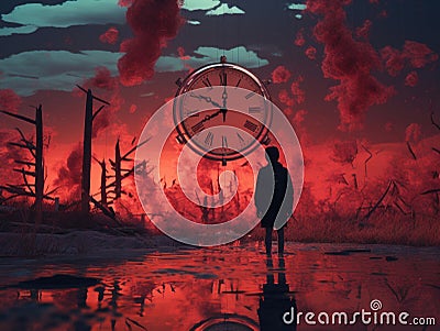 a person standing in front of a clock in the middle of a swamp Stock Photo