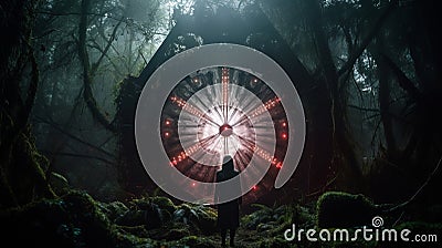 a person standing in front of a giant clock in the woods Stock Photo