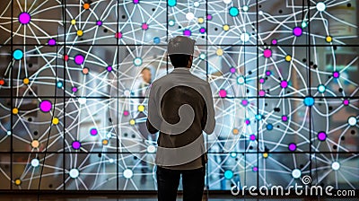 Person standing in front of a large digital screen displaying a complex network of interconnected nodes and lines, exploring data Stock Photo