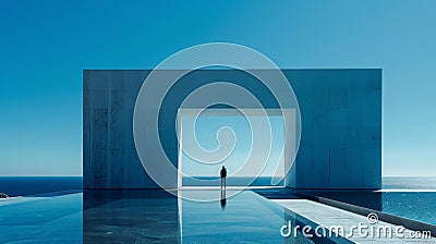 A person standing in front of a large pool with water, AI Stock Photo