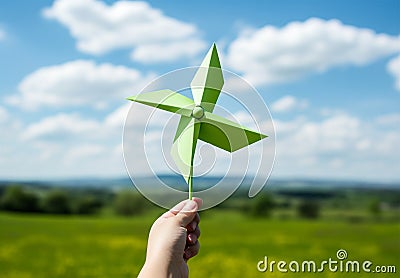 Person holding a green pinwheel in a grassy field under the cloudy sky Stock Photo