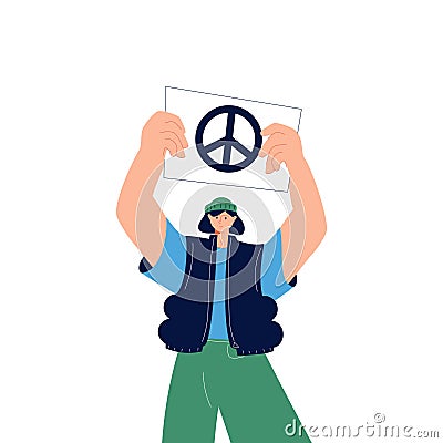 Person standing and holding Placard or Banner. Humanism, protest, demonstration, revolution, no war, peace, humanity Vector Illustration