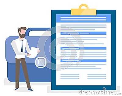 Person Standing near Clipboard with Information Vector Illustration