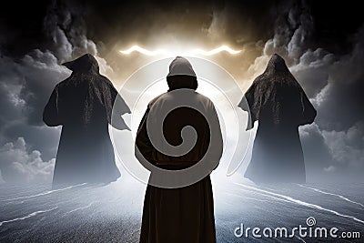 person, standing between two powerful forces of good and evil, with their destiny ahead Stock Photo