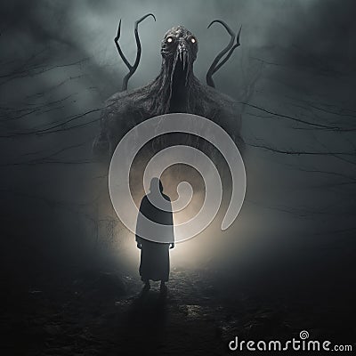 Nightmarish Lovecraftian Monster Emerging From The Fog Stock Photo