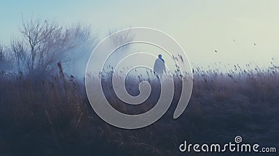 Mysterious Foggy Landscape With A Lone Wanderer Stock Photo
