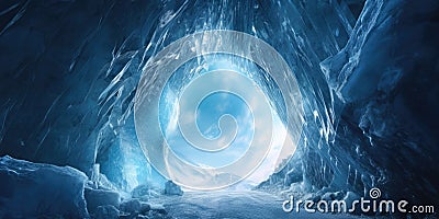 A Person Stands Within The Icy Confines Of An Enchanting Ice Cave Stock Photo