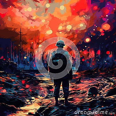 Abstract Y2k Databending Twist: World War I Soldier Watching Explosion Cartoon Illustration