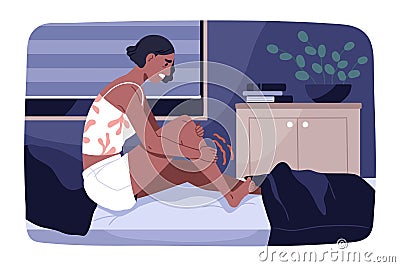 Person suffering from muscle ache, cramp at night. Black woman in bed with hurting leg, sudden acute pain, spasm after Vector Illustration