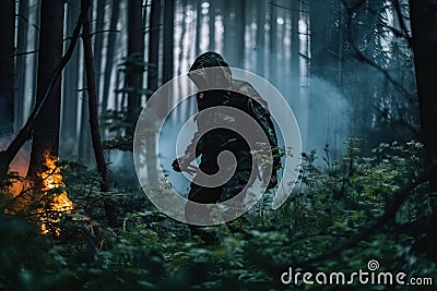 person, surrounded by dark and dangerous forest, fighting off evil forces Stock Photo