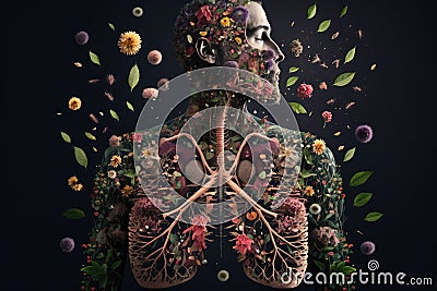 person, surrounded by garden of flowers, with lungs made from the blooms Stock Photo