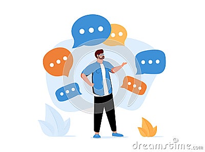 Person surrounded by speech bubbles. Concept of verbal communication skills, abilities, business speaker, communicating Vector Illustration
