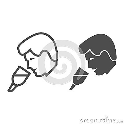 Person taste wine line and solid icon, Wine festival concept, man smelling liquid in glass sign on white background, Man Vector Illustration
