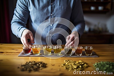 person tasting an assortment of herbal teas Stock Photo
