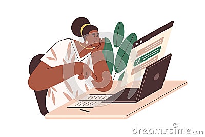 Person ticking, choosing answer to question in online test. Woman checking knowledge via internet, passing digital Cartoon Illustration