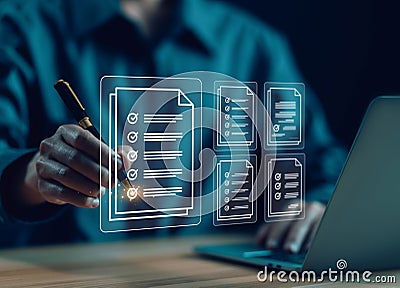 the person ticks the checkmark in the box on the laptop. on the list of documents. concept audit, check form online, checklist Stock Photo
