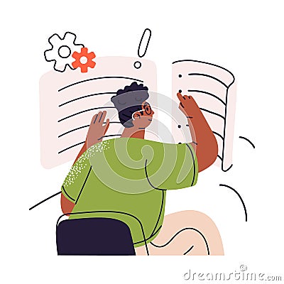 Person with to-do list, planning and organizing work. Man analyzing, checking and controlling business tasks. Workflow Vector Illustration