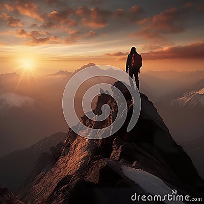 Person on top of a majestic mountain landscape with sunset in the background Stock Photo