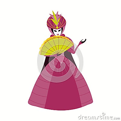 Person in Venetian carnival costume, mask Vector Illustration