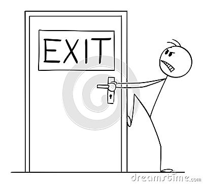 Person Trying to Open Locked or Blocked Exit Door , Vector Cartoon Stick Figure Illustration Vector Illustration