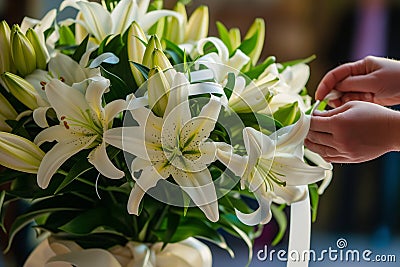 person tying ribbon around a bouquet of lilies Stock Photo