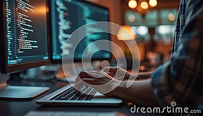 Person types on laptop computer. Computer screens show coding. Web developer working. Modern work environment. Focused Stock Photo