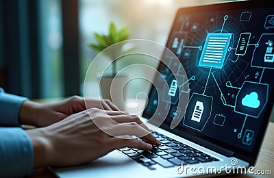Person types on laptop. Tech screen shows DMS software. Document management system visualized on laptop. Person uses automation Stock Photo