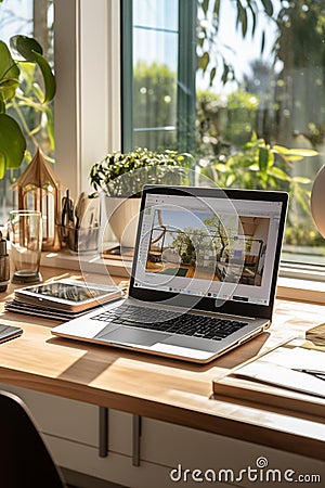 A person typing away at their desk while looking out the window Stock Photo