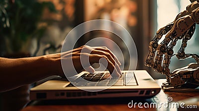 Person typing on a laptop next to a robotic hand Stock Photo