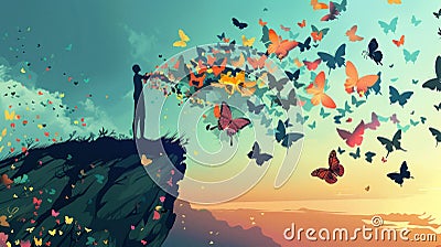 Person Unleashing Desires with Vibrant Butterflies Stock Photo