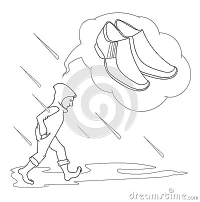 Person unshoed dreams that he needs good shoes Vector Illustration